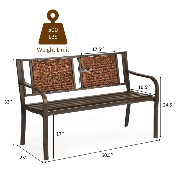 local-goods-image-1f14f500a28-942c6450-04a1-415b-a700-a1e64873f59e Costway 50" Patio Garden Bench Outdoor Metal Bench with Curved Armrests, PE Rattan Backrest, Outdoor Bench for 2-3 Person Seat, Ideal for Porch, Backyard, Balcony, Lawn and Garden, Bronze
