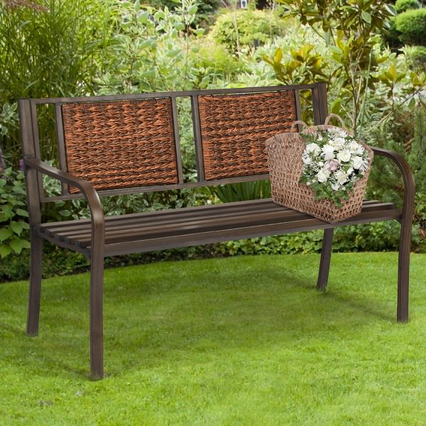 local-goods-image-1f14f500a28-961981b0-35f1-459d-8f27-917716ebe6d2 Costway 50" Patio Garden Bench Outdoor Metal Bench with Curved Armrests, PE Rattan Backrest, Outdoor Bench for 2-3 Person Seat, Ideal for Porch, Backyard, Balcony, Lawn and Garden, Bronze