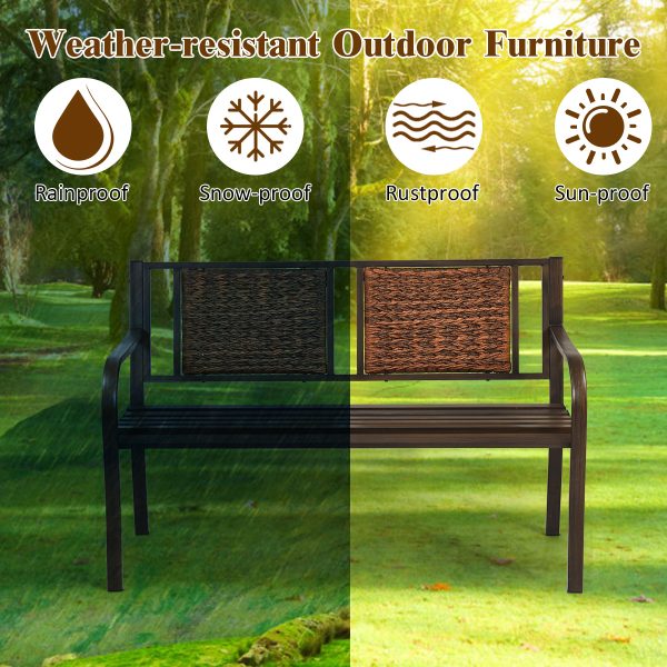 local-goods-image-1f14f500a28-ecb66bbe-52ed-4115-a79b-339ac9fe13fe Costway 50" Patio Garden Bench Outdoor Metal Bench with Curved Armrests, PE Rattan Backrest, Outdoor Bench for 2-3 Person Seat, Ideal for Porch, Backyard, Balcony, Lawn and Garden, Bronze