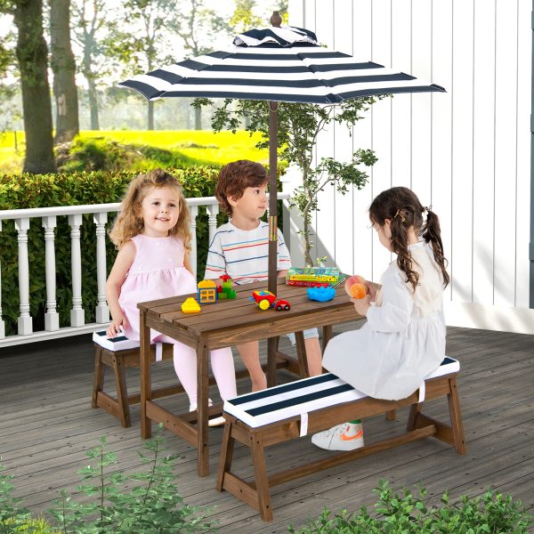 local-goods-image-1f14f500aa0-430a8ee3-28ef-4987-98ef-ec11f19ecd1a Costway Kids Picnic Table Set, Wooden Kids Outdoor Furniture with Umbrella, Sponge Cushions, Kids Rectangular Activity Table and Benches for Outdoors, Accommodate 4 Children