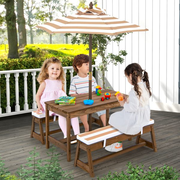 local-goods-image-1f14f500aa0-466c9b67-714d-4722-8ecf-5e39783e3c8a Costway Kids Picnic Table Set, Wooden Kids Outdoor Furniture with Umbrella, Sponge Cushions, Kids Rectangular Activity Table and Benches for Outdoors, Accommodate 4 Children