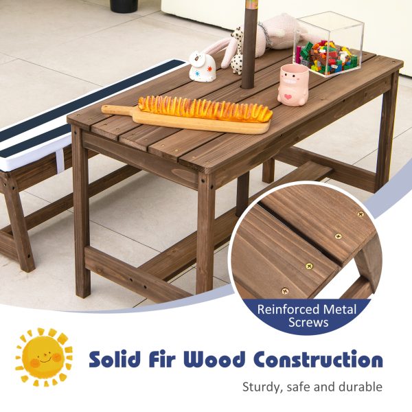 local-goods-image-1f14f500aa0-55ab900a-1b8f-47dd-90a9-574da12f1e6d Costway Kids Picnic Table Set, Wooden Kids Outdoor Furniture with Umbrella, Sponge Cushions, Kids Rectangular Activity Table and Benches for Outdoors, Accommodate 4 Children