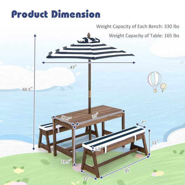 local-goods-image-1f14f500aa0-6b6f4fa5-ed30-4dd5-a393-c6a81bceaa4a Costway Kids Picnic Table Set, Wooden Kids Outdoor Furniture with Umbrella, Sponge Cushions, Kids Rectangular Activity Table and Benches for Outdoors, Accommodate 4 Children