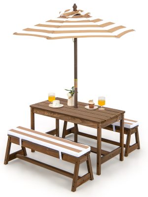 Costway Kids Picnic Table Set, Wooden Kids Outdoor Furniture with Umbrella, Sponge Cushions, Kids Rectangular Activity Table and Benches for Outdoors, Accommodate 4 Children