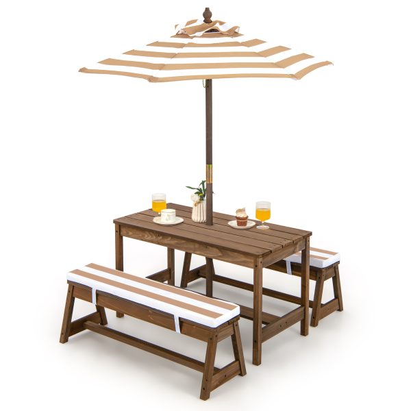 local-goods-image-1f14f500aa0-b6a0b94a-e80d-4d83-9e8c-80fba1d8ec5f Costway Kids Picnic Table Set, Wooden Kids Outdoor Furniture with Umbrella, Sponge Cushions, Kids Rectangular Activity Table and Benches for Outdoors, Accommodate 4 Children