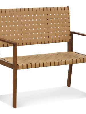 Costway Patio Loveseat, Outdoor All Weather Bench with Solid Rubber Wood Frame & Hand Woven PU Leather, Indoor Outdoor 2-Seater Conversation Chair for Backyard, Garden, Poolside, Natural