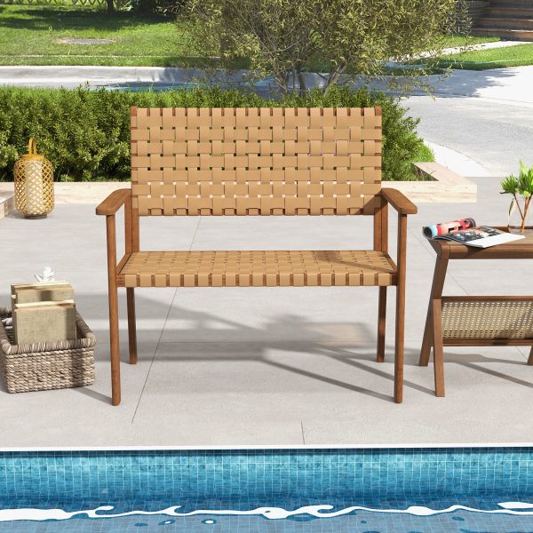 local-goods-image-1f14f501b30-597ec4de-7448-4930-a133-f7aa8e6680fa-1 Costway Patio Loveseat, Outdoor All Weather Bench with Solid Rubber Wood Frame & Hand Woven PU Leather, Indoor Outdoor 2-Seater Conversation Chair for Backyard, Garden, Poolside, Natural