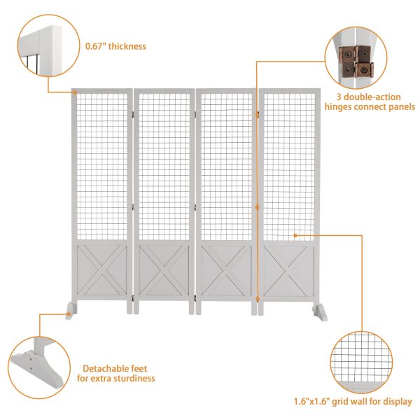 VINGLI Room Divider Freestanding Grid Wall, 4 Panel Folding Display Board Organizer with Base Feet, Decorative Wooden Frame Wire Grid Screens for Craft Shows Events Retail