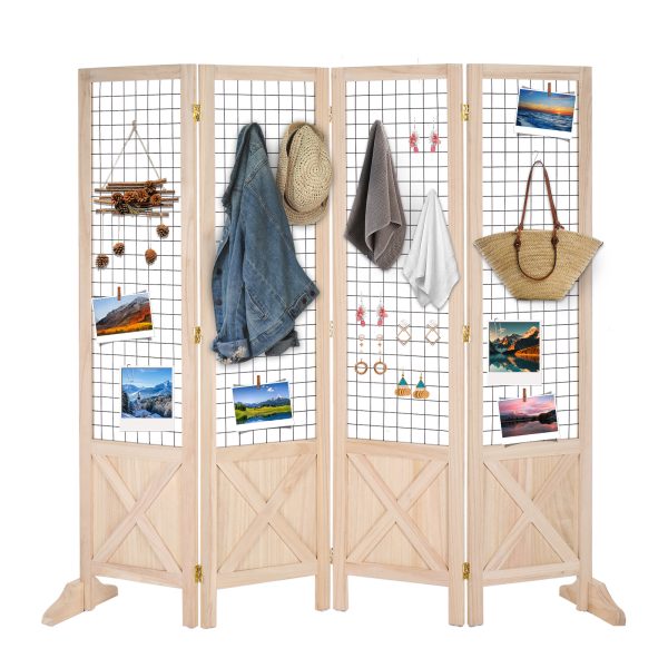 VINGLI Room Divider Freestanding Grid Wall, 4 Panel Folding Display Board Organizer with Base Feet, Decorative Wooden Frame Wire Grid Screens for Craft Shows Events Retail