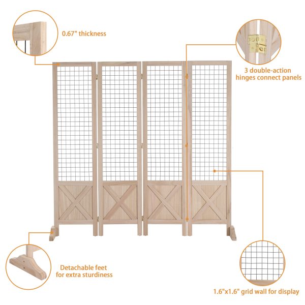 VINGLI Room Divider Freestanding Grid Wall, 4 Panel Folding Display Board Organizer with Base Feet, Decorative Wooden Frame Wire Grid Screens for Craft Shows Events Retail