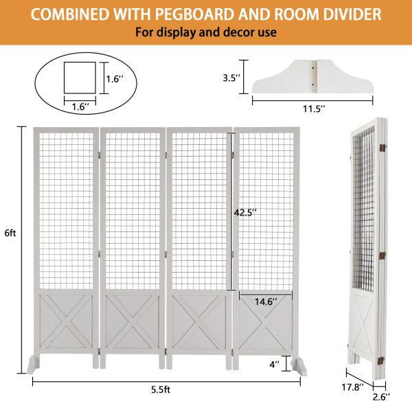 VINGLI Room Divider Freestanding Grid Wall, 4 Panel Folding Display Board Organizer with Base Feet, Decorative Wooden Frame Wire Grid Screens for Craft Shows Events Retail