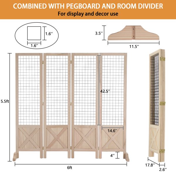VINGLI Room Divider Freestanding Grid Wall, 4 Panel Folding Display Board Organizer with Base Feet, Decorative Wooden Frame Wire Grid Screens for Craft Shows Events Retail