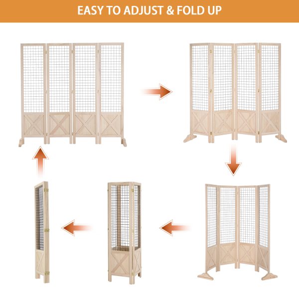 VINGLI Room Divider Freestanding Grid Wall, 4 Panel Folding Display Board Organizer with Base Feet, Decorative Wooden Frame Wire Grid Screens for Craft Shows Events Retail