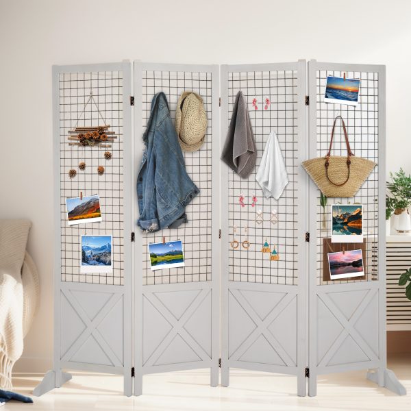 VINGLI Room Divider Freestanding Grid Wall, 4 Panel Folding Display Board Organizer with Base Feet, Decorative Wooden Frame Wire Grid Screens for Craft Shows Events Retail