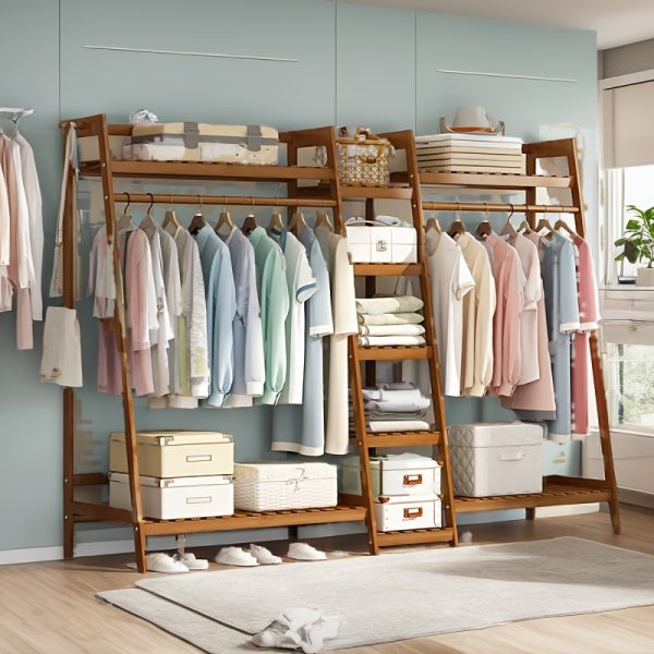 A multi capacity storage rack with brown and brown options, equipped with 5 side storage racks. A hat rack with shelves and bags is suitable for home storage, and a side hat hook is suitable for bedroom and hat room storage Specifications: with bag or without bag