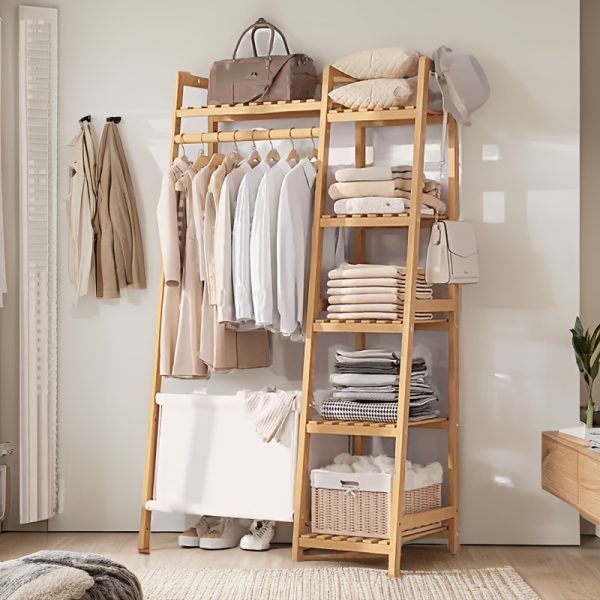 A multi capacity storage rack with brown and brown options, equipped with 5 side storage racks. A hat rack with shelves and bags is suitable for home storage, and a side hat hook is suitable for bedroom and hat room storage Specifications: with bag or without bag