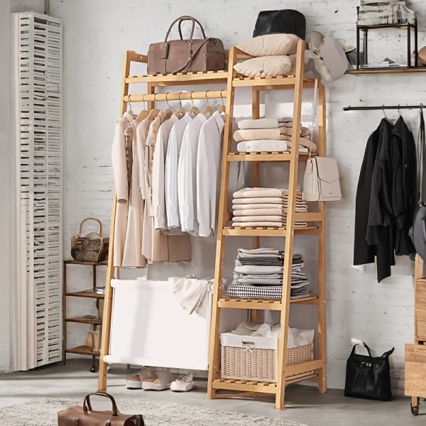 A multi capacity storage rack with brown and brown options, equipped with 5 side storage racks. A hat rack with shelves and bags is suitable for home storage, and a side hat hook is suitable for bedroom and hat room storage Specifications: with bag or without bag