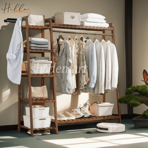 A multi capacity storage rack with brown and brown options, equipped with 5 side storage racks. A hat rack with shelves and bags is suitable for home storage, and a side hat hook is suitable for bedroom and hat room storage Specifications: with bag or without bag