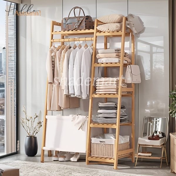 A multi capacity storage rack with brown and brown options, equipped with 5 side storage racks. A hat rack with shelves and bags is suitable for home storage, and a side hat hook is suitable for bedroom and hat room storage Specifications: with bag or without bag