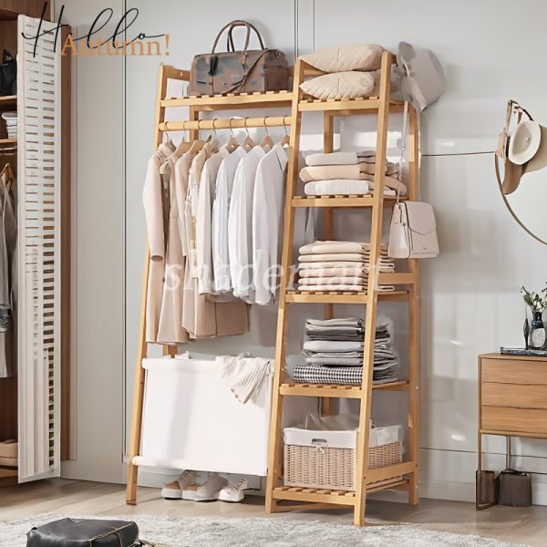 A multi capacity storage rack with brown and brown options, equipped with 5 side storage racks. A hat rack with shelves and bags is suitable for home storage, and a side hat hook is suitable for bedroom and hat room storage Specifications: with bag or without bag