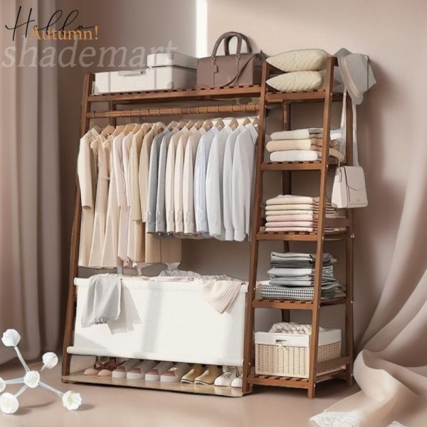 A multi capacity storage rack with brown and brown options, equipped with 5 side storage racks. A hat rack with shelves and bags is suitable for home storage, and a side hat hook is suitable for bedroom and hat room storage Specifications: with bag or without bag