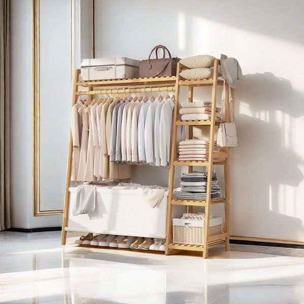 A multi capacity storage rack with brown and brown options, equipped with 5 side storage racks. A hat rack with shelves and bags is suitable for home storage, and a side hat hook is suitable for bedroom and hat room storage Specifications: with bag or without bag
