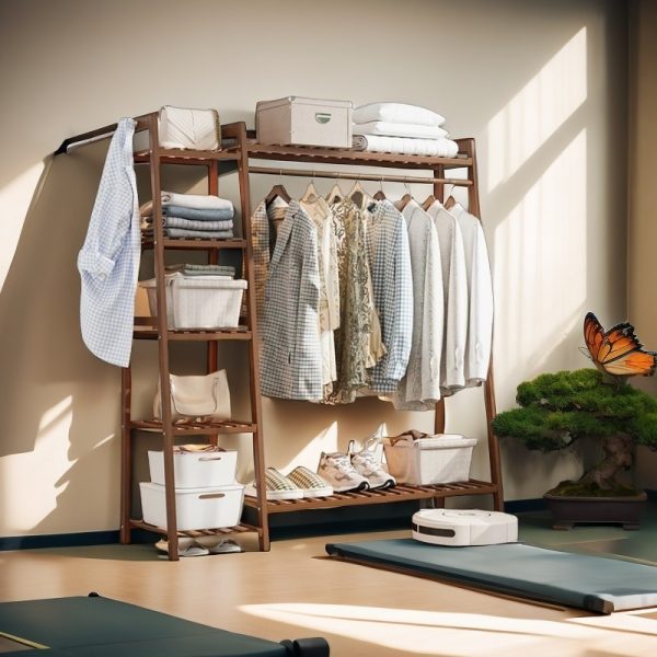 A multi capacity storage rack with brown and brown options, equipped with 5 side storage racks. A hat rack with shelves and bags is suitable for home storage, and a side hat hook is suitable for bedroom and hat room storage Specifications: with bag or without bag