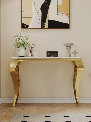 47in Marble Console Table with S-Shape Stainless Steel Legs, Modern Rectangular Faux Marble Entry Table, Sofa Accent Table for Living Room, Entryway, Hallyway, Entrance