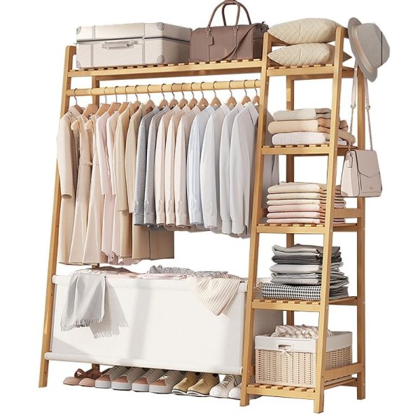 A multi capacity storage rack with brown and brown options, equipped with 5 side storage racks. A hat rack with shelves and bags is suitable for home storage, and a side hat hook is suitable for bedroom and hat room storage Specifications: with bag or without bag