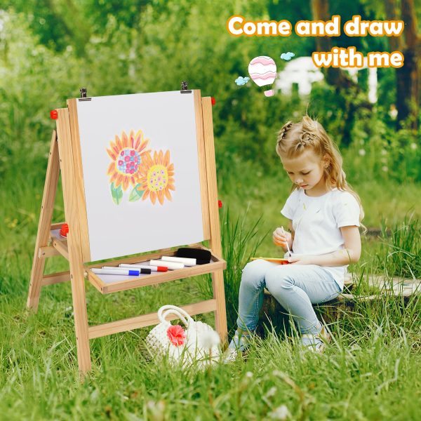 local-goods-image-1fad187348-1b7fd797-70bc-4524-80ed-5b9f446014f8 COSTWAY 3-In-1 Foldable Kids Easel, Height Adjustable Wooden Art Easel Suitable for Kids Over 3 Years Old, Includes Eraser, 3 No-Drop Paint Cups, 2 Chalks, 3 Whiteboard Pens, Paper Roll, Double Boards & Storage Tray