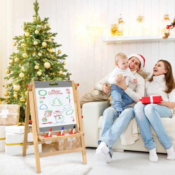 local-goods-image-1fad187348-2757de28-76fb-4fac-88d8-a3aa2a10233b COSTWAY 3-In-1 Foldable Kids Easel, Height Adjustable Wooden Art Easel Suitable for Kids Over 3 Years Old, Includes Eraser, 3 No-Drop Paint Cups, 2 Chalks, 3 Whiteboard Pens, Paper Roll, Double Boards & Storage Tray
