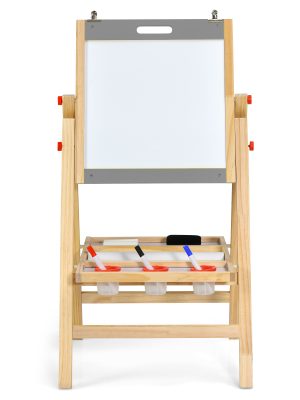 COSTWAY 3-In-1 Foldable Kids Easel, Height Adjustable Wooden Art Easel Suitable for Kids Over 3 Years Old, Includes Eraser, 3 No-Drop Paint Cups, 2 Chalks, 3 Whiteboard Pens, Paper Roll, Double Boards & Storage Tray
