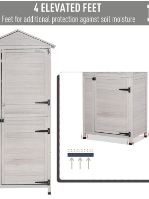 Outsunny 36" x 25" x 79" Wooden Storage Shed Cabinet, Outdoor Tool Shed Organizer with 4-Tier, 3 Shelves with Handle Tin Roof Magnetic Latch Foot Pad, Light Grey