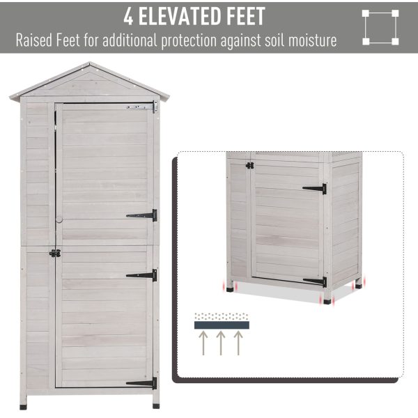 Outsunny 36" x 25" x 79" Wooden Storage Shed Cabinet, Outdoor Tool Shed Organizer with 4-Tier, 3 Shelves with Handle Tin Roof Magnetic Latch Foot Pad, Light Grey