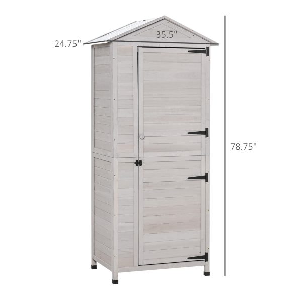 Outsunny 36" x 25" x 79" Wooden Storage Shed Cabinet, Outdoor Tool Shed Organizer with 4-Tier, 3 Shelves with Handle Tin Roof Magnetic Latch Foot Pad, Light Grey