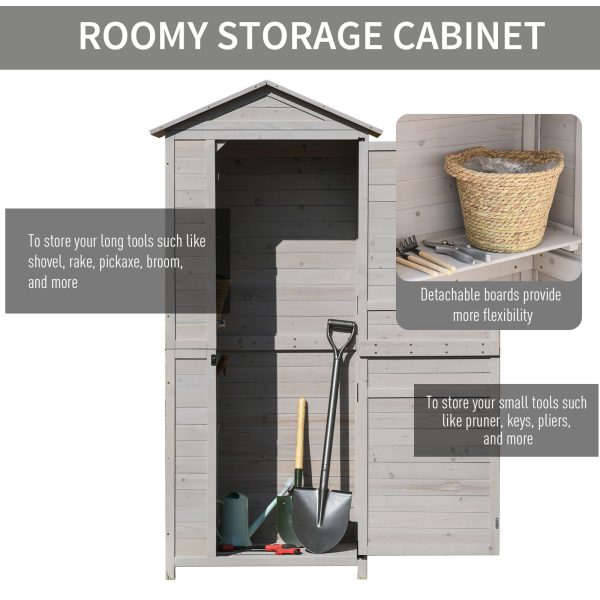 Outsunny 36" x 25" x 79" Wooden Storage Shed Cabinet, Outdoor Tool Shed Organizer with 4-Tier, 3 Shelves with Handle Tin Roof Magnetic Latch Foot Pad, Light Grey