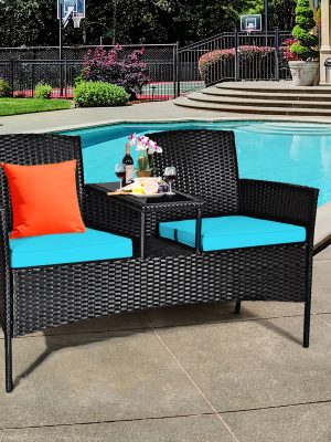COSTWAY Patio Rattan Conversation Set Seat Sofa Cushioned Loveseat Chairs Turquoise/Red/White