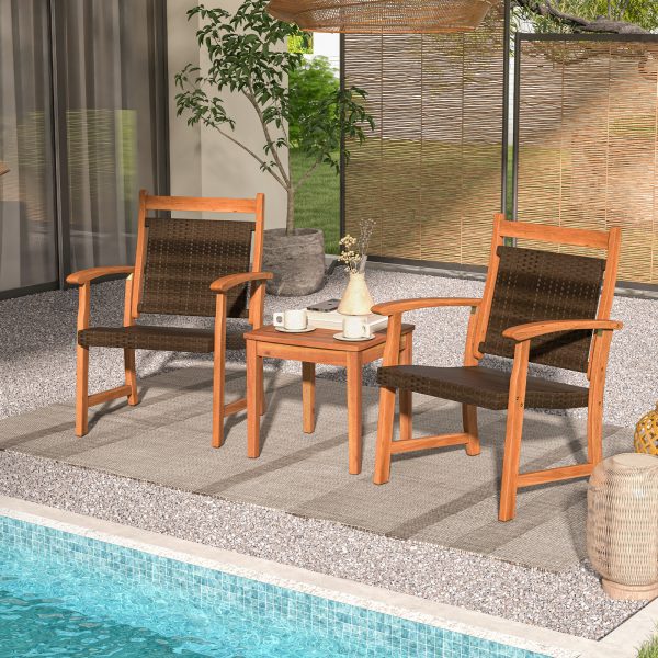 COSTWAY 2-Seat Patio Loveseat with Built-in Coffee Table, Outdoor Wicker Conversation Set with Acacia Wood Table, Umbrella Hole, Rattan Porch Chairs for Yard Garden Poolside Balcony
