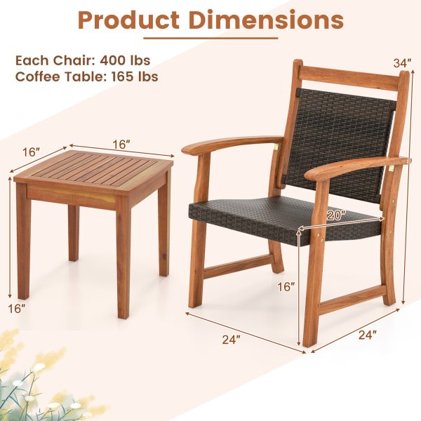 COSTWAY 2-Seat Patio Loveseat with Built-in Coffee Table, Outdoor Wicker Conversation Set with Acacia Wood Table, Umbrella Hole, Rattan Porch Chairs for Yard Garden Poolside Balcony