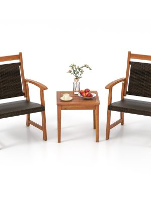 COSTWAY 2-Seat Patio Loveseat with Built-in Coffee Table, Outdoor Wicker Conversation Set with Acacia Wood Table, Umbrella Hole, Rattan Porch Chairs for Yard Garden Poolside Balcony