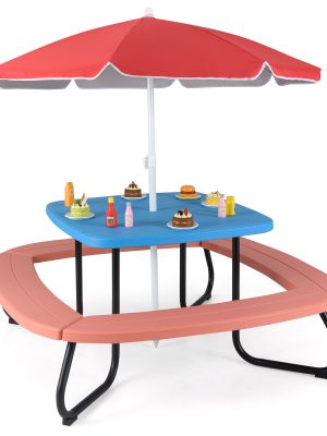 COSTWAY Kids Picnic Table, Toddler Outdoor Activity Table with Adjustable & Collapsible Umbrella, 4 Built-in Benches for up to 8 Children, HDPE Picnic Table Set with Sturdy Metal Frame for Ages 3+ Years Old