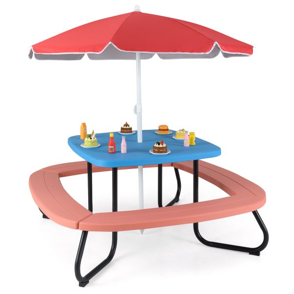 COSTWAY Kids Picnic Table, Toddler Outdoor Activity Table with Adjustable & Collapsible Umbrella, 4 Built-in Benches for up to 8 Children, HDPE Picnic Table Set with Sturdy Metal Frame for Ages 3+ Years Old