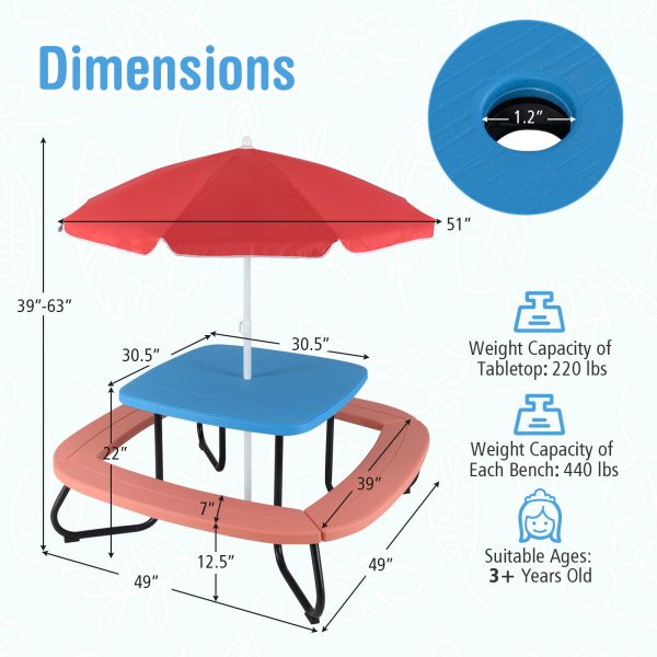 COSTWAY Kids Picnic Table, Toddler Outdoor Activity Table with Adjustable & Collapsible Umbrella, 4 Built-in Benches for up to 8 Children, HDPE Picnic Table Set with Sturdy Metal Frame for Ages 3+ Years Old