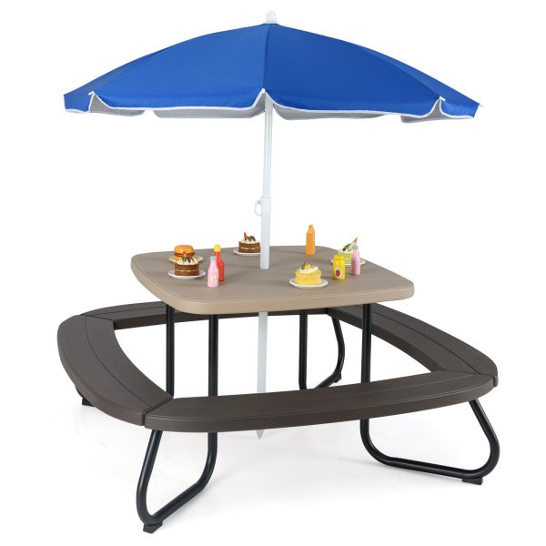 COSTWAY Kids Picnic Table, Toddler Outdoor Activity Table with Adjustable & Collapsible Umbrella, 4 Built-in Benches for up to 8 Children, HDPE Picnic Table Set with Sturdy Metal Frame for Ages 3+ Years Old