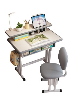 Kids Desk and Chair Set, Height Adjustable Children Bedroom Study Desk, Can Directly for Drawing Desktop, Book Stand, Large Storage Drawer for Boys & Girls (Gray)