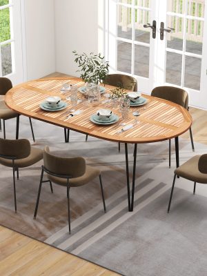 COSTWAY 79-Inch Patio Dining Table, Indoor & Outdoor Dining Table w/ Umbrella Hole, Acacia Wood Tabletop & Sturdy Metal Legs, Wood Oval Table for 8 People for Patio Yard Garden Deck, Natural & Black