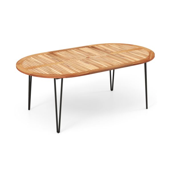 local-goods-image-2013f779b08-d4c49278-1736-480f-992c-d13a7e6a7212 COSTWAY 79-Inch Patio Dining Table, Indoor & Outdoor Dining Table w/ Umbrella Hole, Acacia Wood Tabletop & Sturdy Metal Legs, Wood Oval Table for 8 People for Patio Yard Garden Deck, Natural & Black