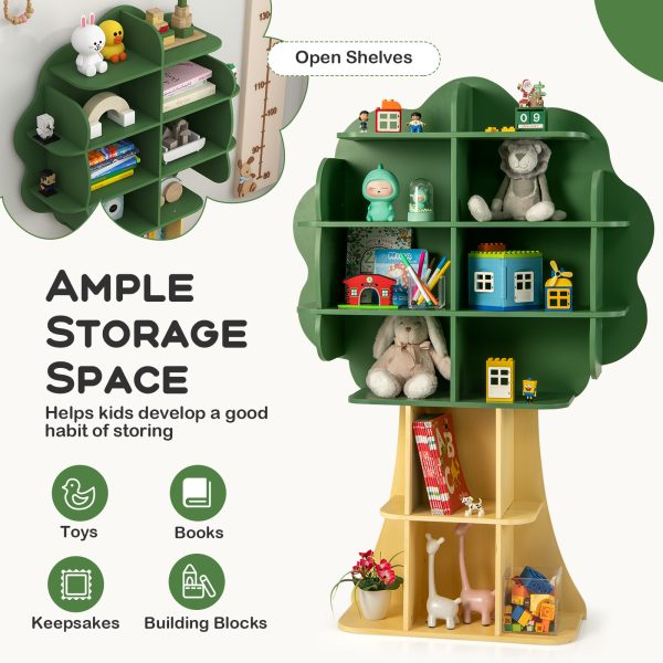 local-goods-image-20150c2214e-8a091f7b-050a-4542-8f12-fda75587ab21 COSTWAY Tree Bookcase for Kids, 6-Tier Toy Storage Organizer with Open Storage Shelves, Anti-Toppling System, Lovely Toddler Wooden Bookshelf for Kid's Room, Play Room, Nursery, Kindergarten