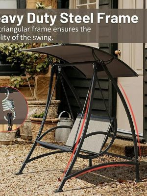 Tindell Porch Patio Swing With Adjustable Canopy, Swing With Stand, Outdoor Swings With armrests, Weather Resistant Steel Frame And PVC-Coated Polyester Fabric