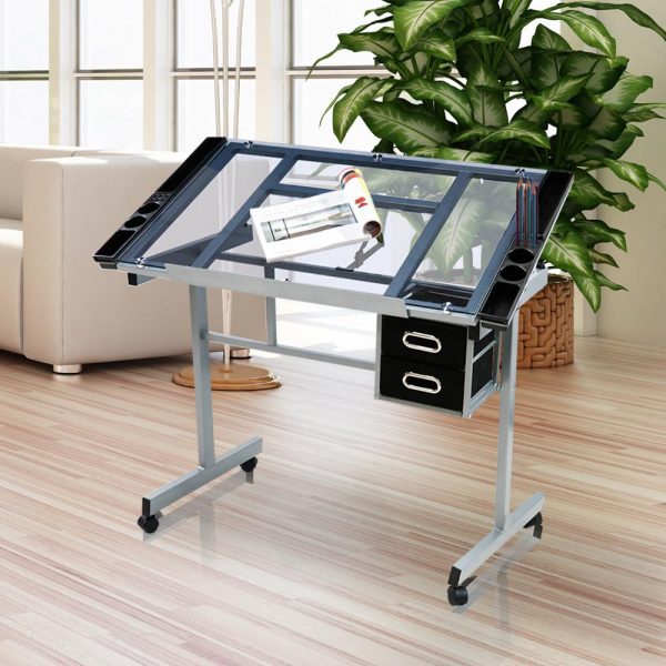 local-goods-image-201a0da2f7b-2c1dd11f-0b1d-48d4-a8b4-5e9d442f6d55_1000x1000.jpeg.format Costoffs Adjustable Drawing Craft Table, 41" Glass Art Desk on Wheels with Storage Drawers for Artists & Home Office, Versatile Rolling Drawing Station, Christmas Gift